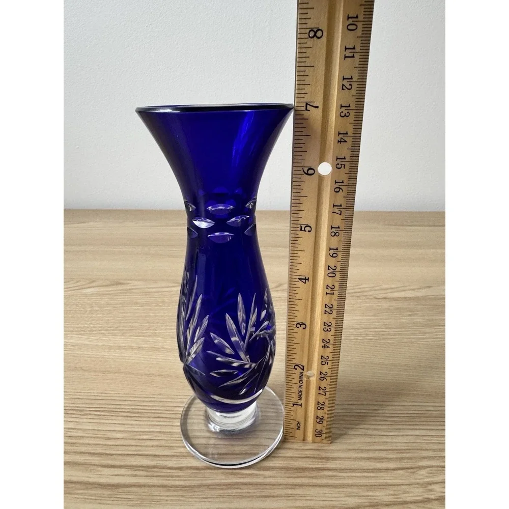 Vintage Cobalt Blue Cut To Clear Glass Bud Vase Floral Etched Footed 6